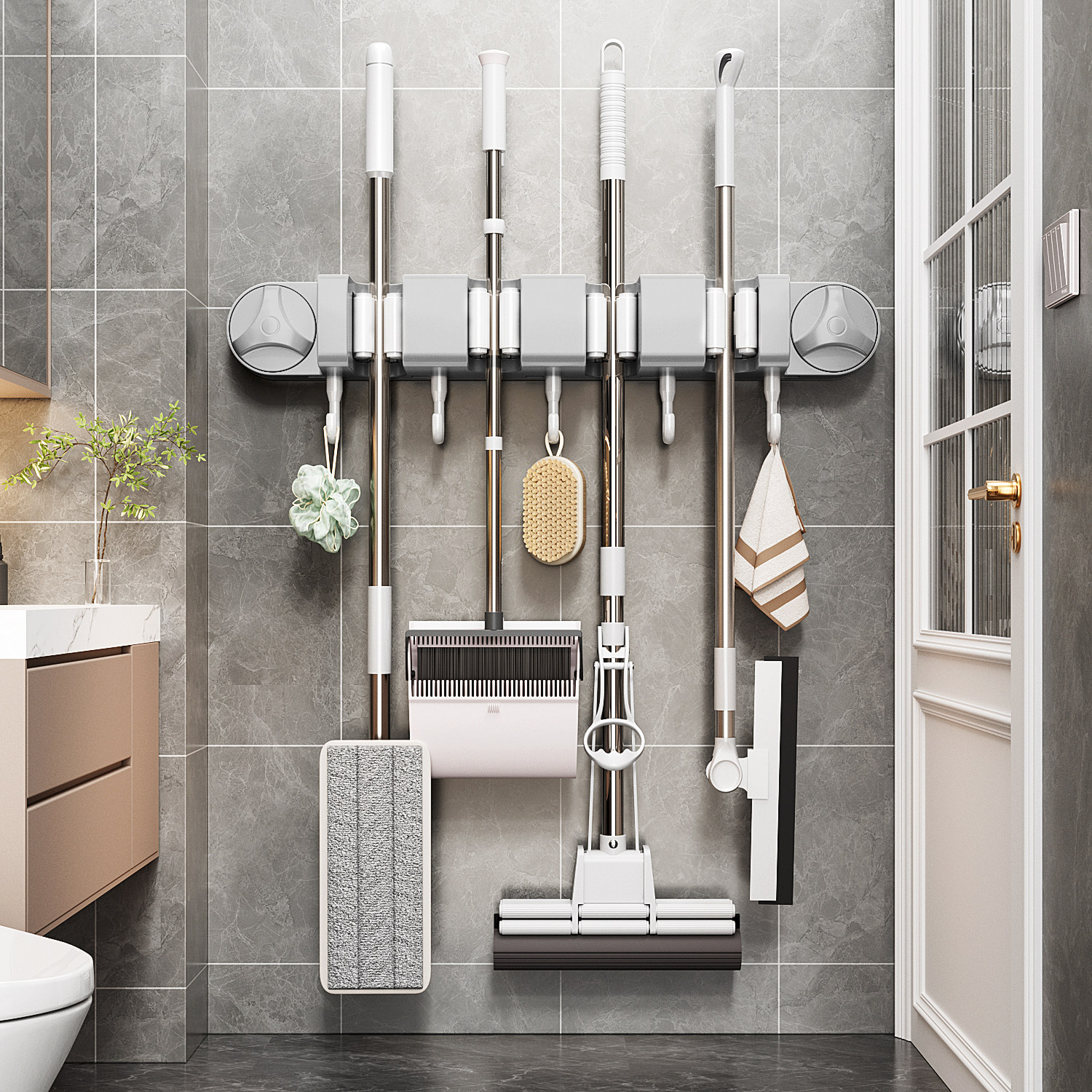 日本吸盘拖把壁挂夹卫生间免打孔拖把夹挂拖布挂钩固定架收纳神器