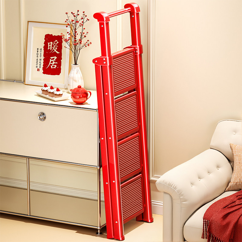 日本乔迁梯子家用红色人字梯步步高升折叠梯子小型轻便室内红梯子