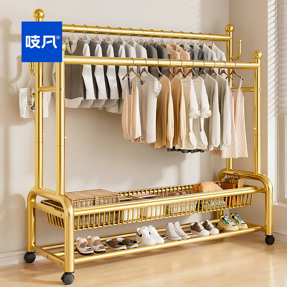 日本挂衣架落地卧室加厚晾衣架室内家用衣服架子落地式双杆衣帽架