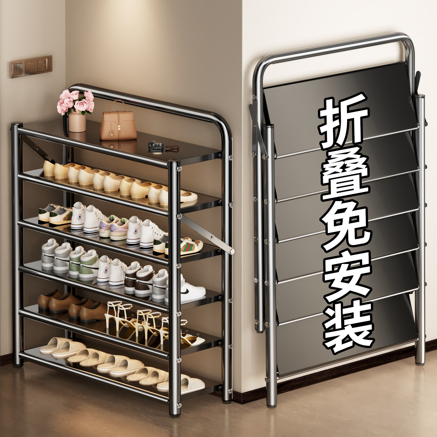 日本鞋架家用门口多层简易可折叠免安装鞋柜门后分层鞋子收纳神器