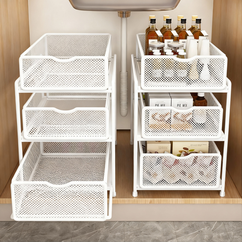 日本下水槽置物架厨房橱柜内分层拉篮碗碟调料抽屉抽拉式收纳架子