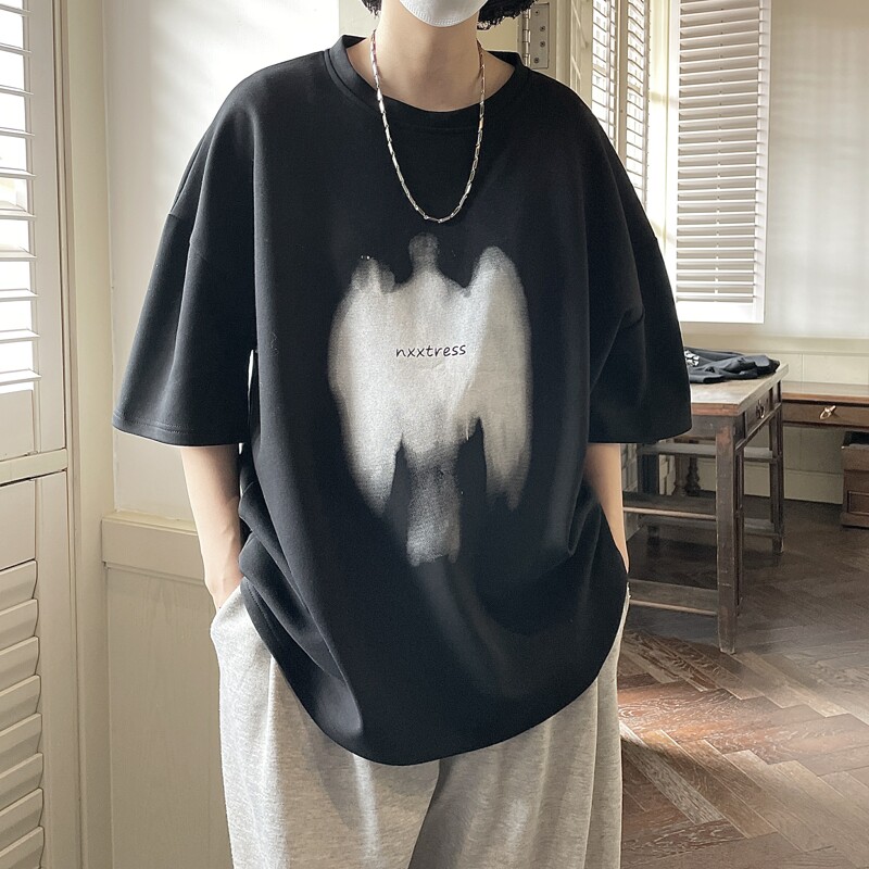设计感涂鸦印花短袖男夏季美式高街ins潮牌重磅T恤百搭小众五分袖,男装T恤,星座814-1