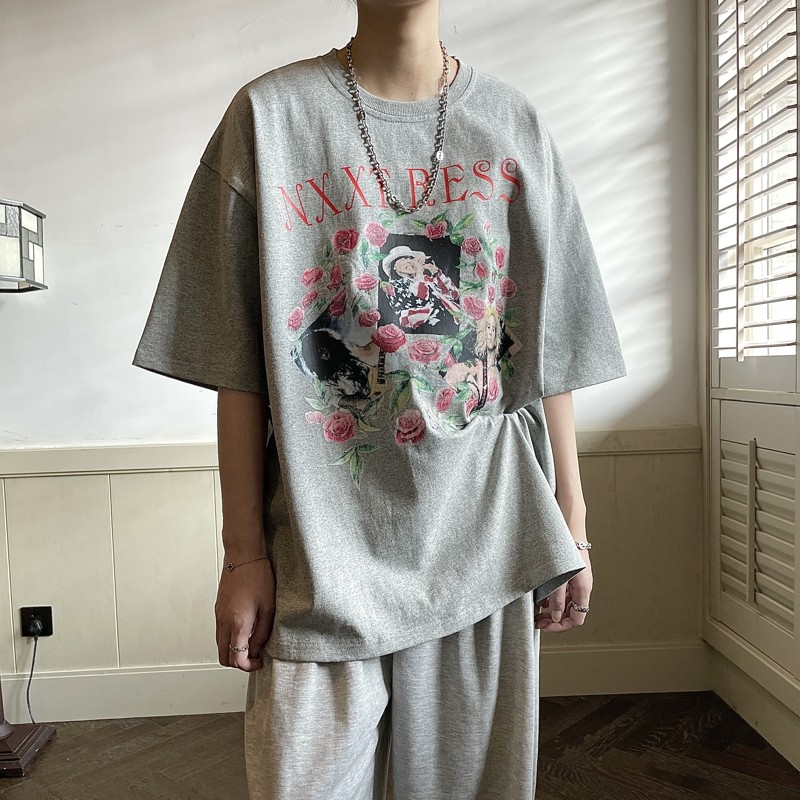~美式复古玫瑰花印花潮牌短袖T恤男女814-1-T409-P38,男装T恤,星座814-1