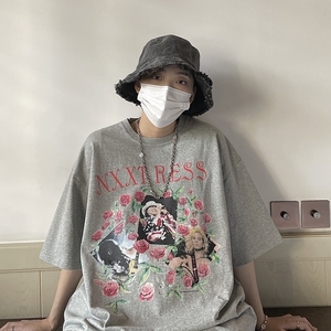 ~美式复古玫瑰花印花潮牌短袖T恤男女 814-1-T409-P38图片