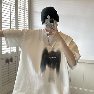 设计感涂鸦印花短袖男夏季美式高街ins潮牌重磅T恤百搭小众五分袖图片