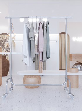 服装店展示架不锈钢落地挂衣架银色女装店货架拉丝银侧挂衣服架子