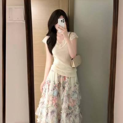 独特漂亮初夏穿搭套装多巴胺碎花网纱半身裙蕾丝小上衣两件套裙子