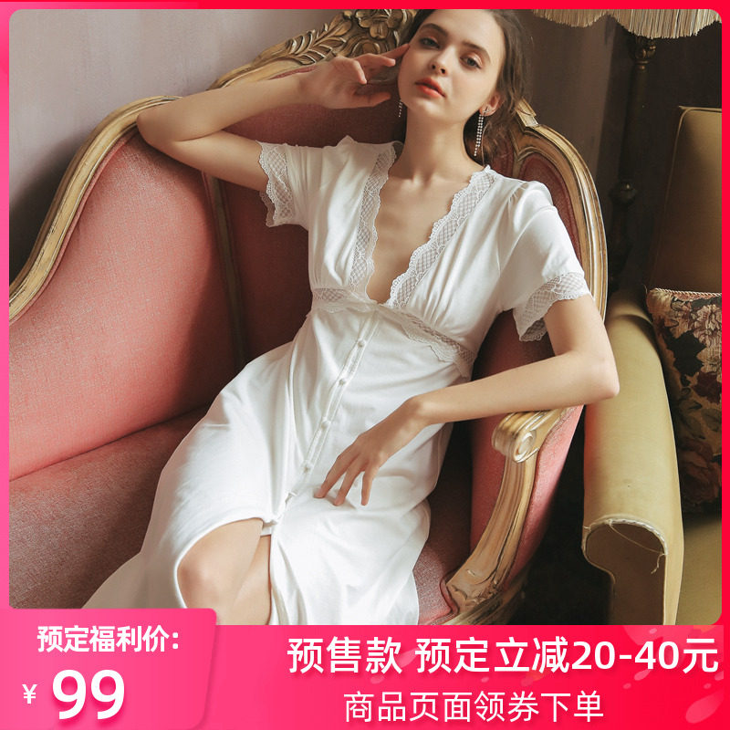 宫廷风睡裙女夏季薄款短袖精梳棉质居家服性感蕾丝长款连衣裙睡衣