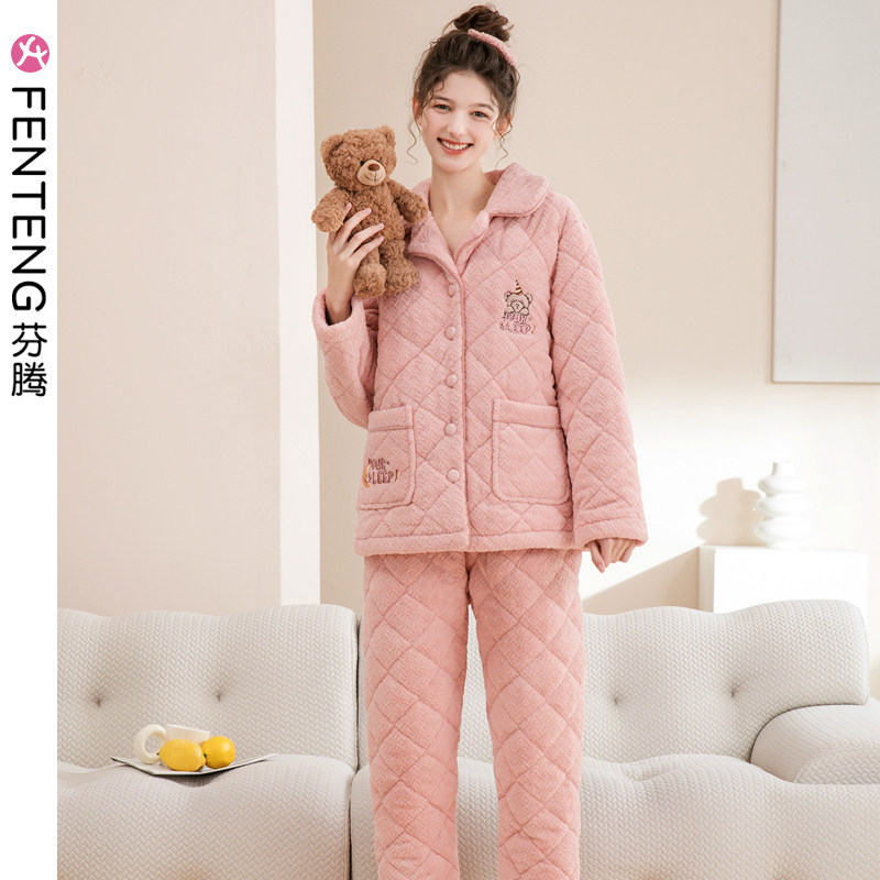 芬腾睡衣女冬季新款珊瑚绒加厚加绒三层夹棉法兰绒棉袄家居服套装怎么看?