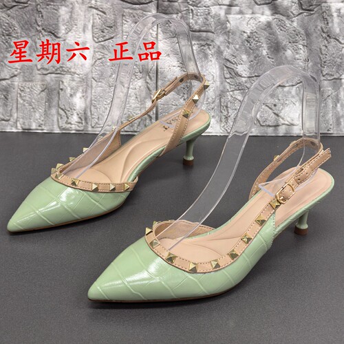 3436码星期六正品断码处理夏季牛皮尖头细跟铆钉包头一字带女凉鞋