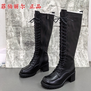 牛皮厚底系带长筒靴女粗跟百搭时装 3638码 冬季 断码 靴 菲伯丽尔正品