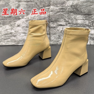 星期六撤柜韩版方头粗跟短靴女冬季亮皮拉链时尚百搭时装靴潮