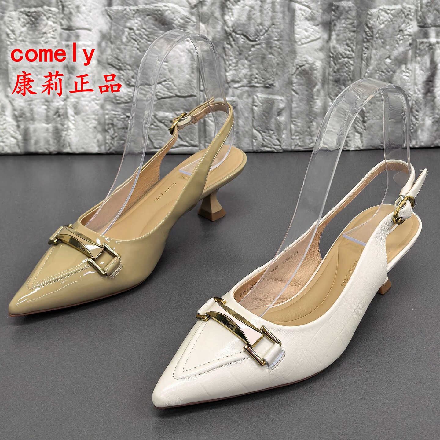 comely康莉正品撤柜真皮尖头细跟高跟凉鞋女士搭扣百搭通勤时装鞋 - 实物图