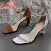 露趾粗跟真皮气质百搭一字扣女凉鞋 商场正品 时尚 处理夏季 撤柜断码