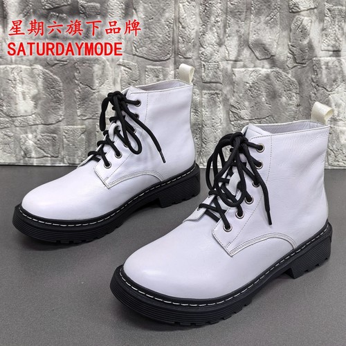 38码SATURDAYMODE正品白色系带短靴女英伦风马丁靴圆头平跟时尚靴