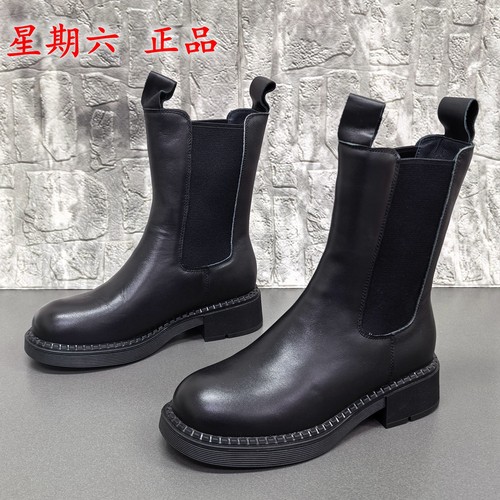 35码星期六正品撤柜圆头切尔西靴女冬季中筒套筒百搭牛皮短单靴潮