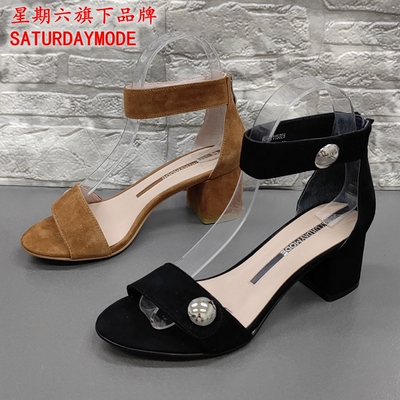 正品SATURDAYMODE撤柜断码处理夏时尚露趾粗跟真皮一字扣女凉鞋潮
