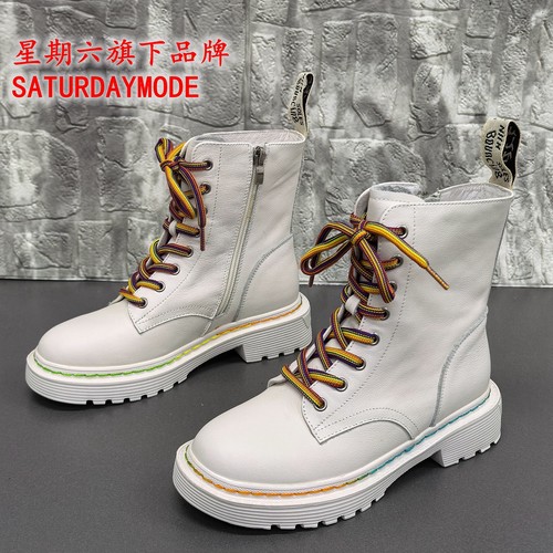 35码SATURDAYMODE正品撤柜英伦风马丁靴女白色真皮侧拉链时装靴女