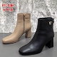 靴女 真皮侧拉链时装 SON百田森正品 撤柜处理方头粗跟短靴女冬季