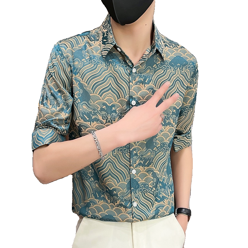 306B-2-CS536-P48夏季风时尚冰丝碎花七分袖衬衣中袖花衬衫,男装衬衫,星座507A（原星座306B-2）
