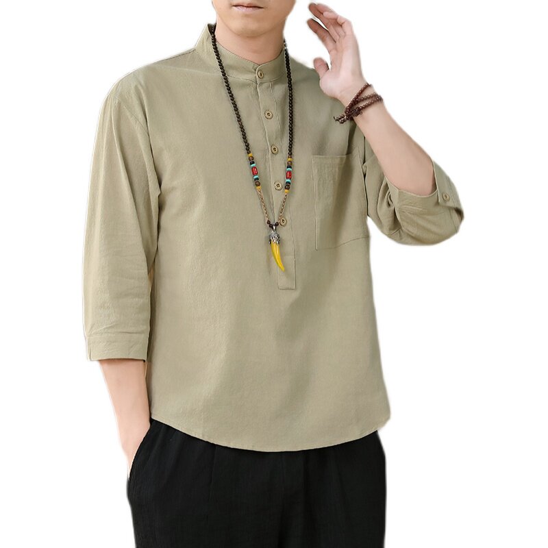 306B-2-CS78-P402023风时尚男士棉麻中袖纯色衬衣七分袖衬衫,男装衬衫,星座507A（原星座306B-2）