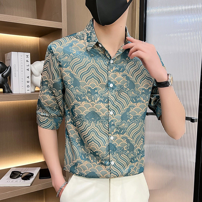 306B-2-CS536-P48 夏季风时尚冰丝碎花七分袖衬衣中袖花衬衫图片