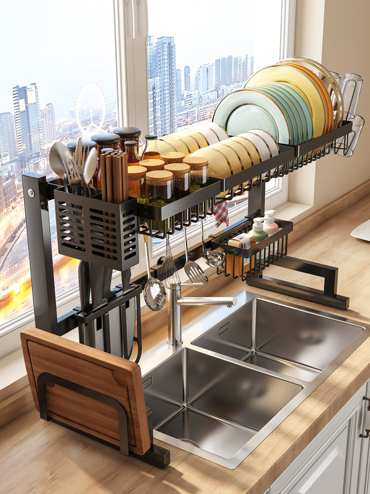 접시 배수 및 세면대를 위한 다기능 주방 싱크대 측면 수납 선반 싱크대 위 수납 상자 304 접시 선반