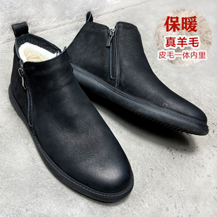休闲皮毛一体雪地靴东北保暖英伦真皮短靴 男款 冬季 加厚纯羊毛棉鞋