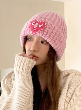 Charn Kiond 日本设计师联名款芭比粉爱心毛线帽针织帽保暖护耳帽