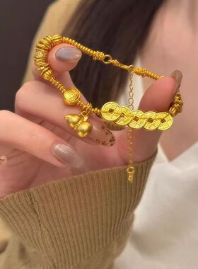 金色五帝古法葫芦盘缠手链中式复古小众女友饰品手工手串礼物国潮