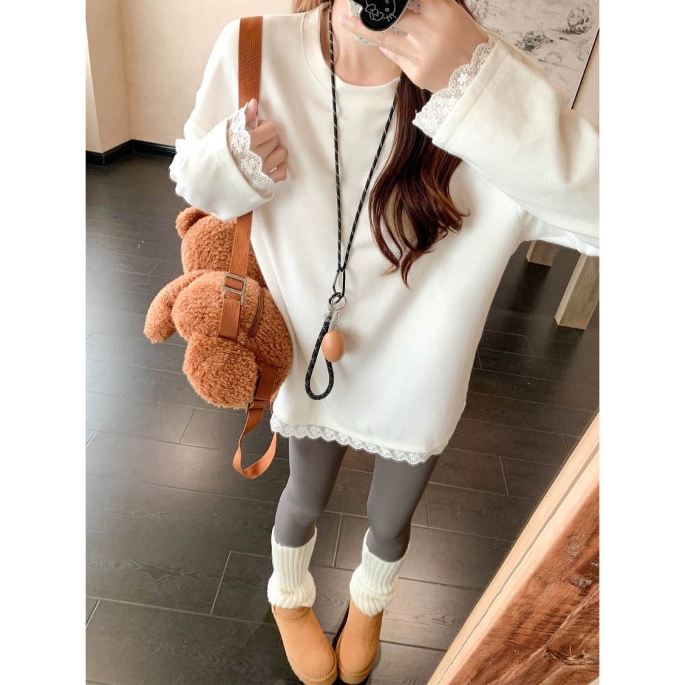 白色蕾丝边假两件长袖T恤女