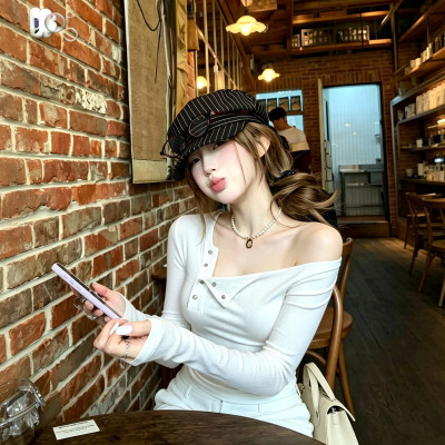 新款韩系辣妹一字肩长袖修身T恤女装秋季小个子炸街独特漂亮上衣