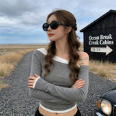 纯欲风假两件拼接内搭长袖 显瘦打底上衣 设计小众修身 T恤女装 春季