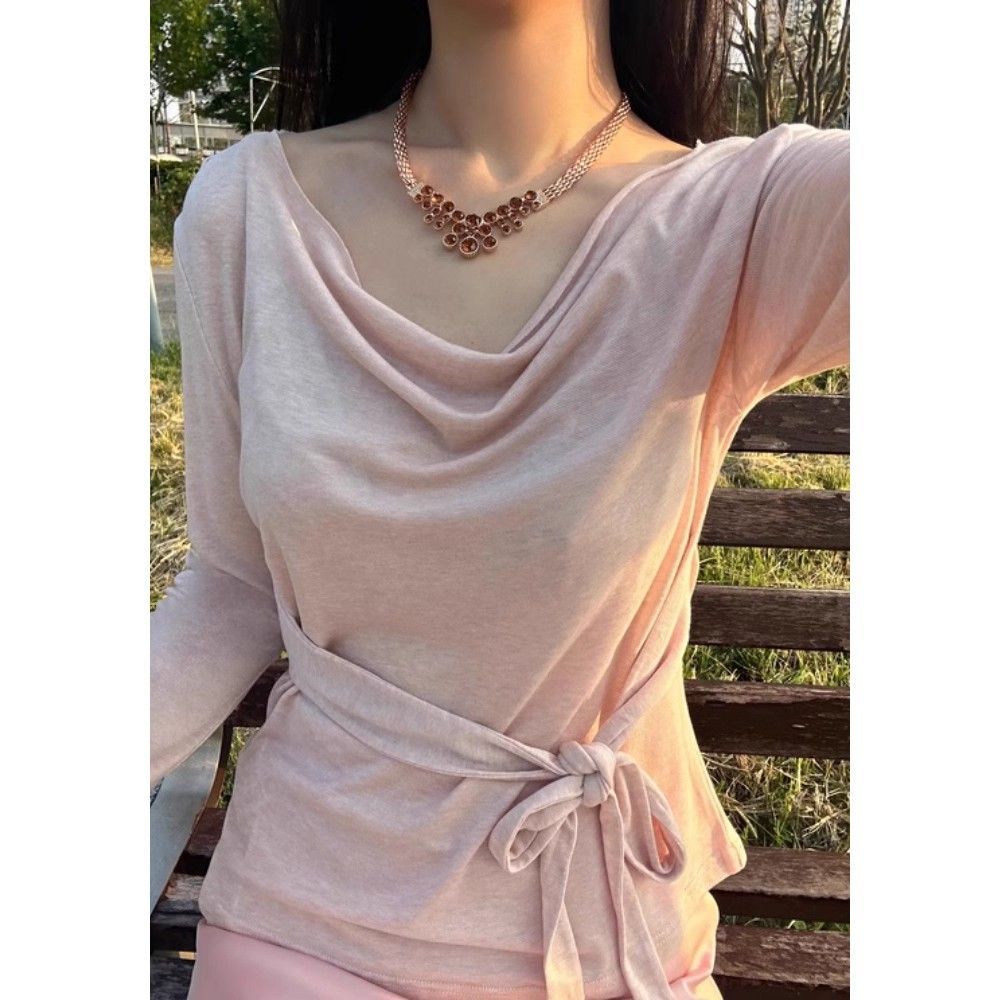 温柔优雅气质系带长袖T恤