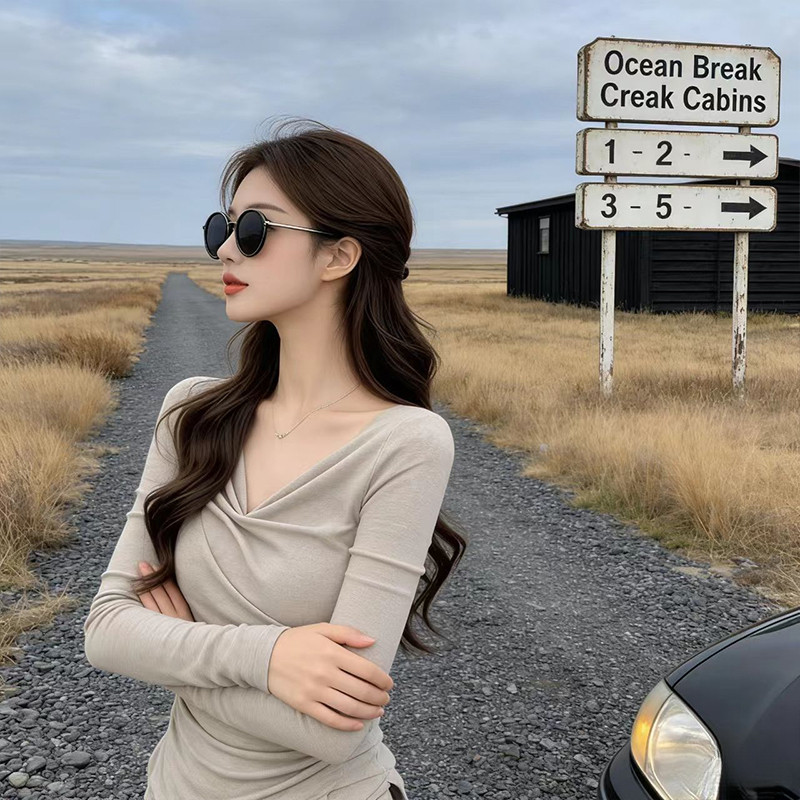 法式气质高级感V领褶皱内搭长袖T恤女2026春季打底衫修身显瘦上衣,女装/女士精品,T恤,淘宝优惠券,粉丝福利购,淘宝优惠卷