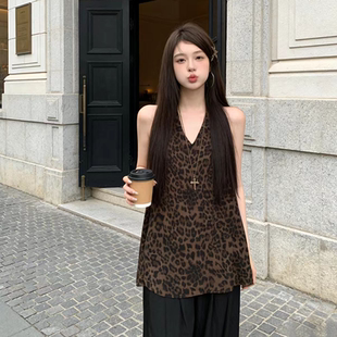 美式热辣复古豹纹背心吊带女装夏季宽松显瘦外穿挂脖独特漂亮上衣