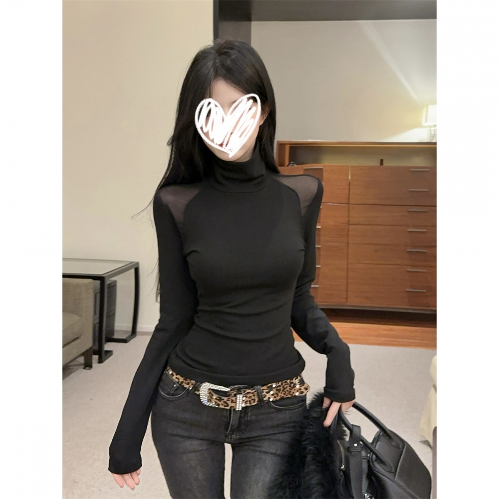 美式辣妹网纱拼接高领长袖T恤