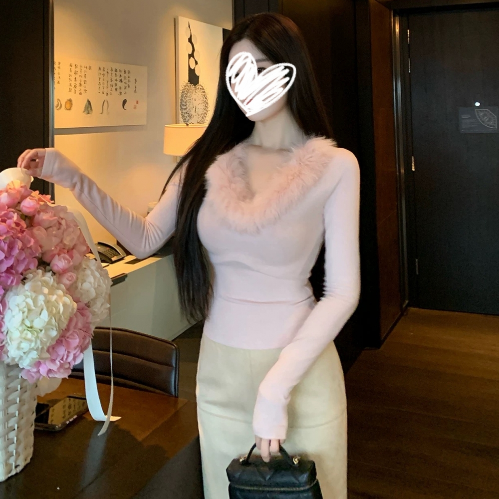 韩系辣妹毛毛领软糯长袖t恤