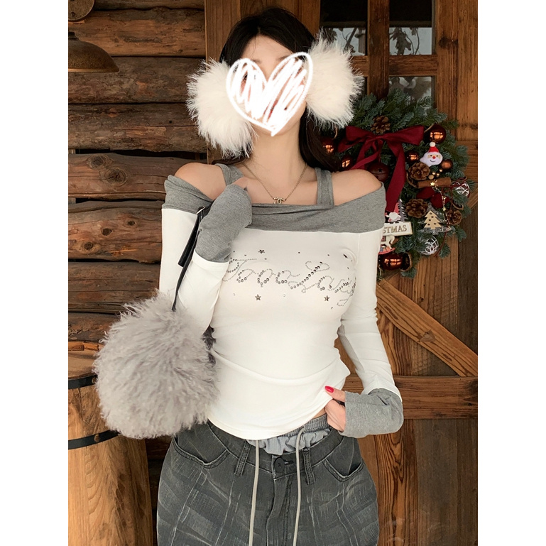 内搭秋冬一字露肩字母印花