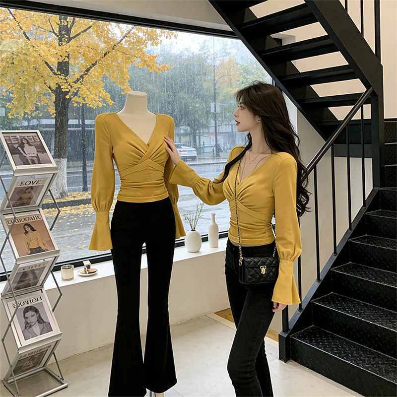 性感辣妹风交叉V领喇叭长袖T恤女装2026春季收腰显瘦内搭打底上衣,女装/女士精品,T恤,淘宝优惠券,粉丝福利购,淘宝优惠卷