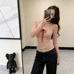 法式气质网纱爱心印花绑带内搭长袖T恤女装2026春季修身打底上衣