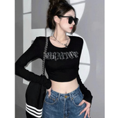 t恤女春秋冬甜辣妹女装 修身 内搭打底衫 黑色正肩长袖 万能短款 上衣