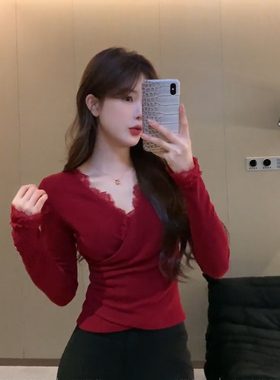 红色交叉v领蕾丝边上衣女2025新年春秋性感辣妹收腰打底衫长袖t恤