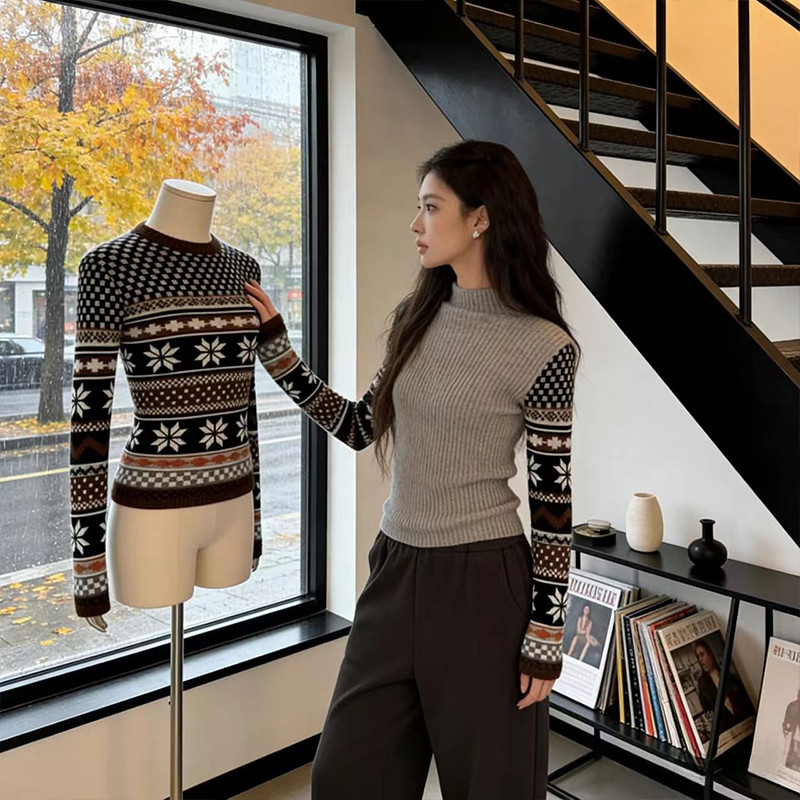 复古提花半高领长袖针织衫女装2026春季新款百搭修身保暖毛衣上衣,女装/女士精品,毛针织衫,淘宝优惠券,粉丝福利购,淘宝优惠卷