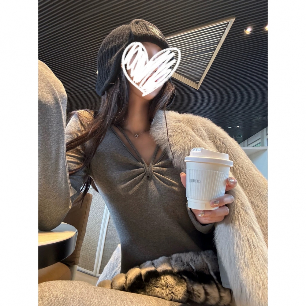 美式辣妹挂脖设计感长袖T恤女