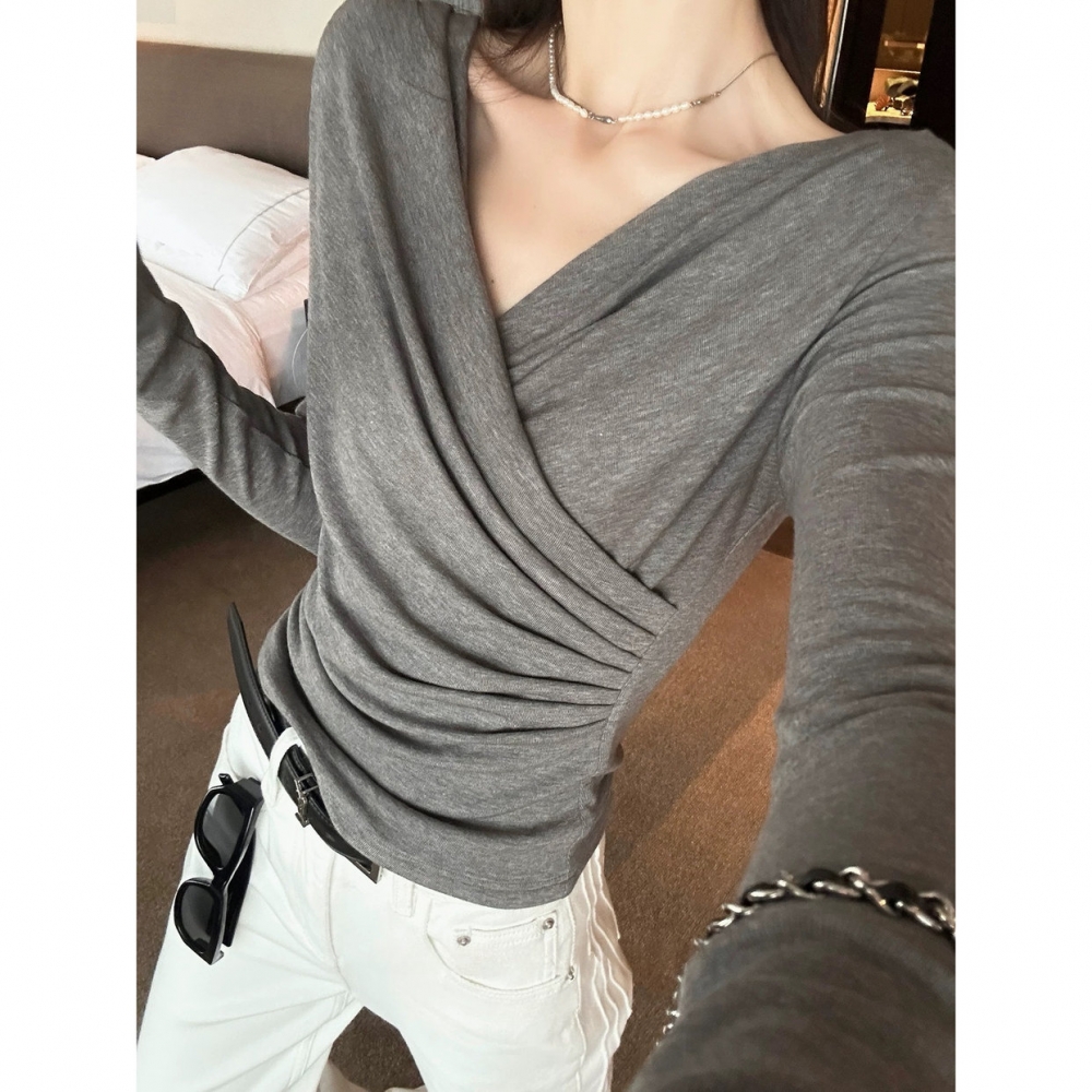 打底衫女款爆款V领长袖T恤秋冬季设计感交叉褶皱修身显瘦内搭上衣