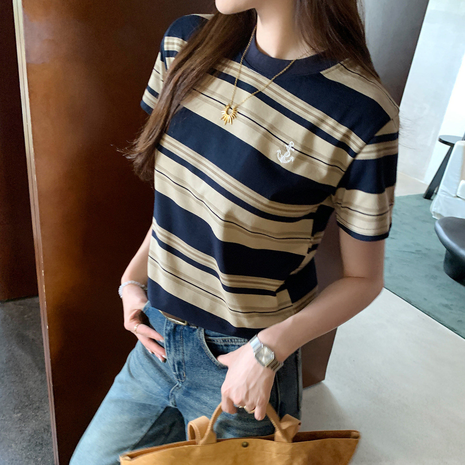 美式复古条纹撞色圆领正肩ins潮流女装上衣2026夏季新款短袖T恤女