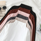 紧身薄款 半高领打底衫 t恤女韩版 白色长袖 纯色内搭上衣 春秋冬修身