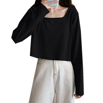黑色春秋季新款低领口长袖打底衫