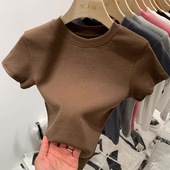 打底针织上衣t恤女装 2024年春季 潮 修身 显瘦圆领短款 新款 纯色短袖